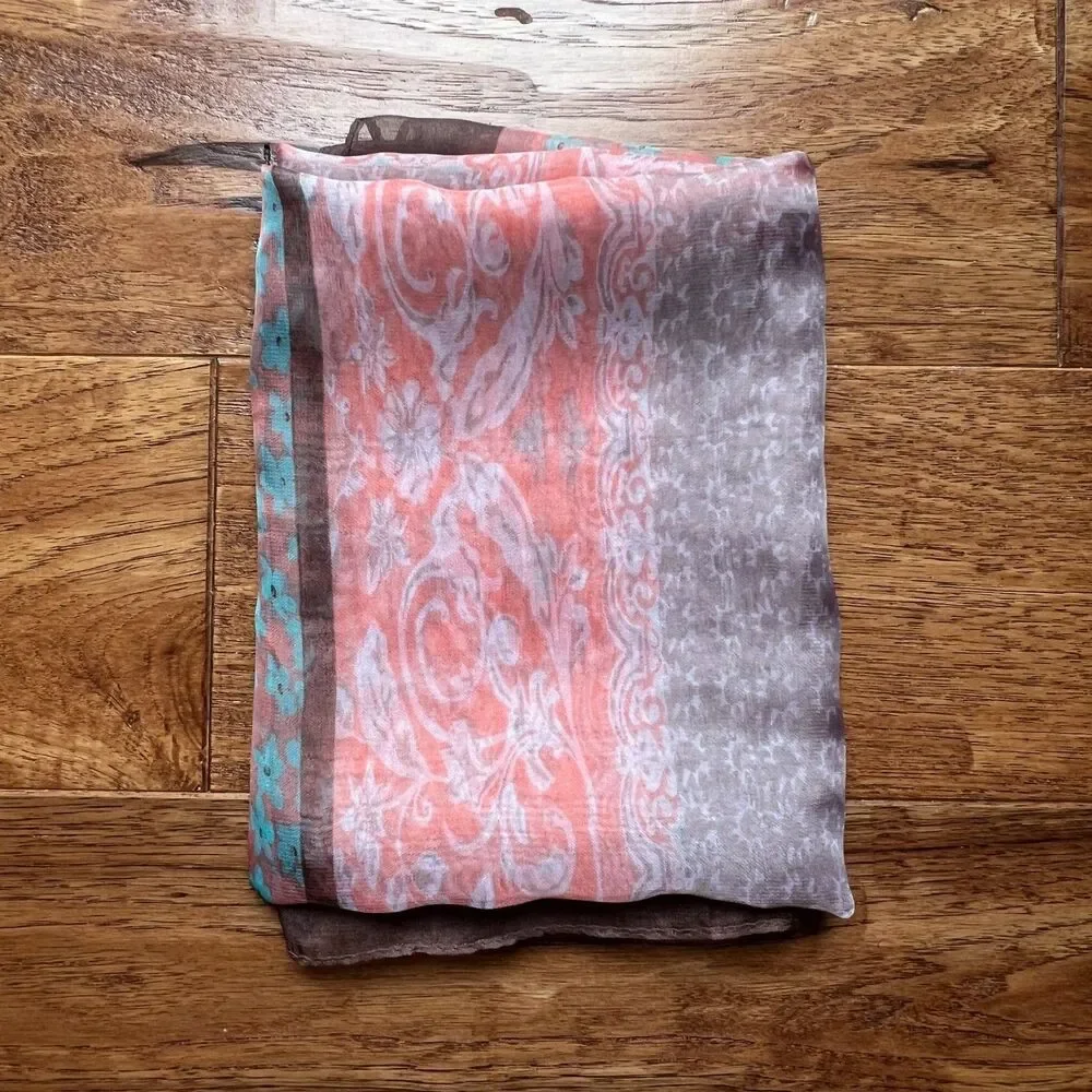 Sheer Floral Peach Brown Aqua Sheikha Head Scarf Shawl Rectangle